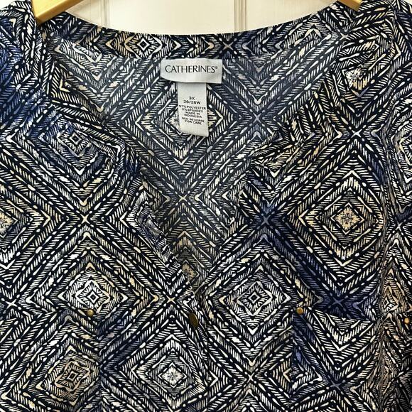 Catherines Button Up Shirt 26/28W Top Womens 3X Blue Tan White Pockets V Neck - Picture 4 of 8